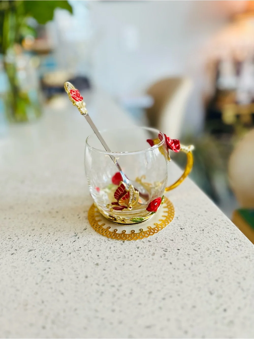 Ornate Gold & Glass Rose Teacup with Spoon
